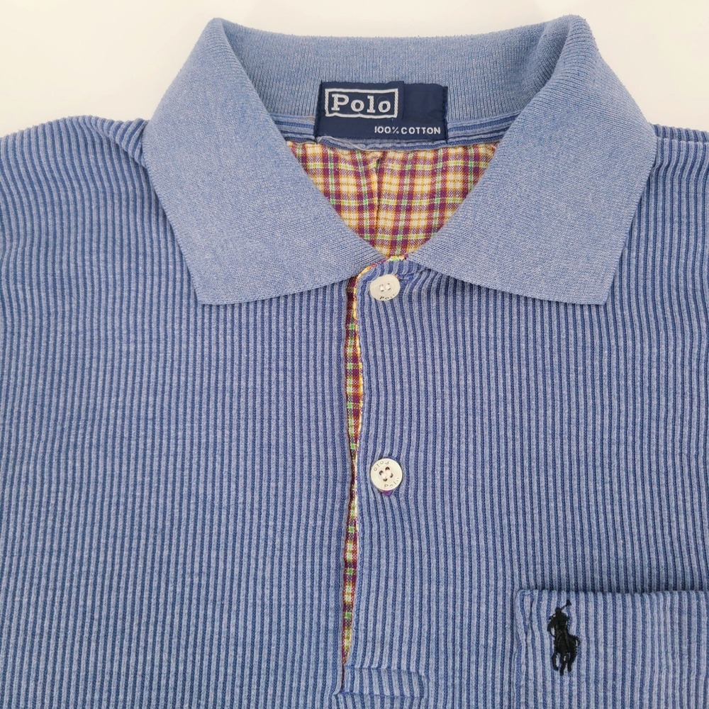 Vintage 70s 80s Polo Ralph Lauren Textured Plaid Lined Pocket Polo Shirt Slim M